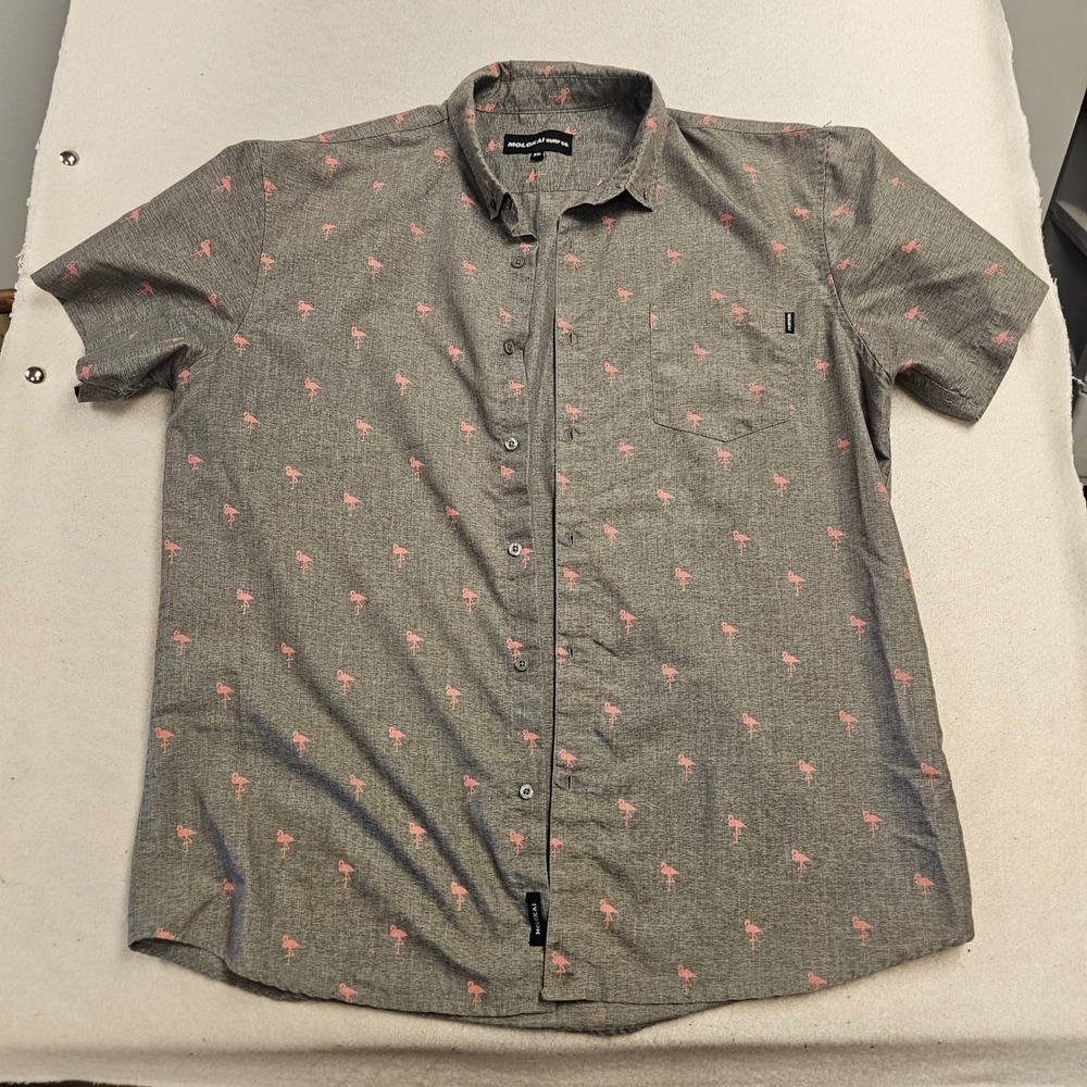 Molokai Surf Co Mens XXL Flamingo Print Short Sleeve Button Down Shirt Gray Pink